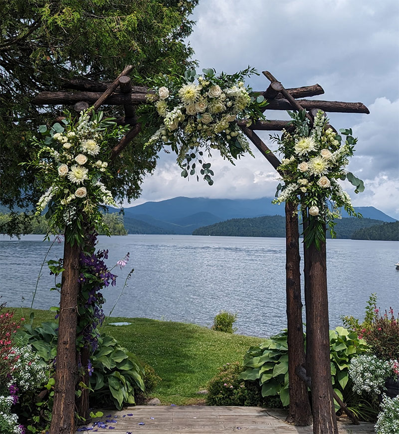 Arbor Arch Wedding Flower Arrangement Lakeside Garden Summer White Roses