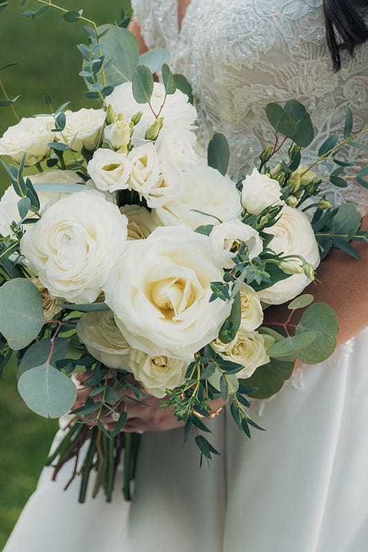 White Rose White Lisianthus Green Eucalyptus Bridal Bride Bouquet Summer Wedding