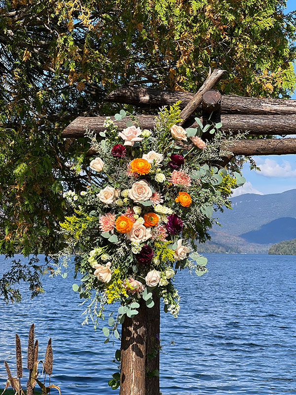 Fall Wedding Lakeside Arbor Archway Flower Arrangement Garden