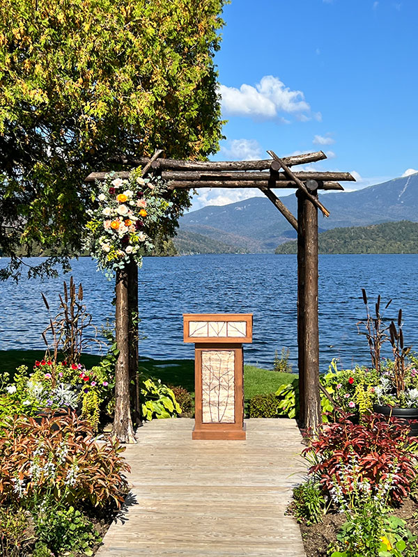 Fall Wedding Lakeside Arbor Archway Flower Arrangement Garden Mountain