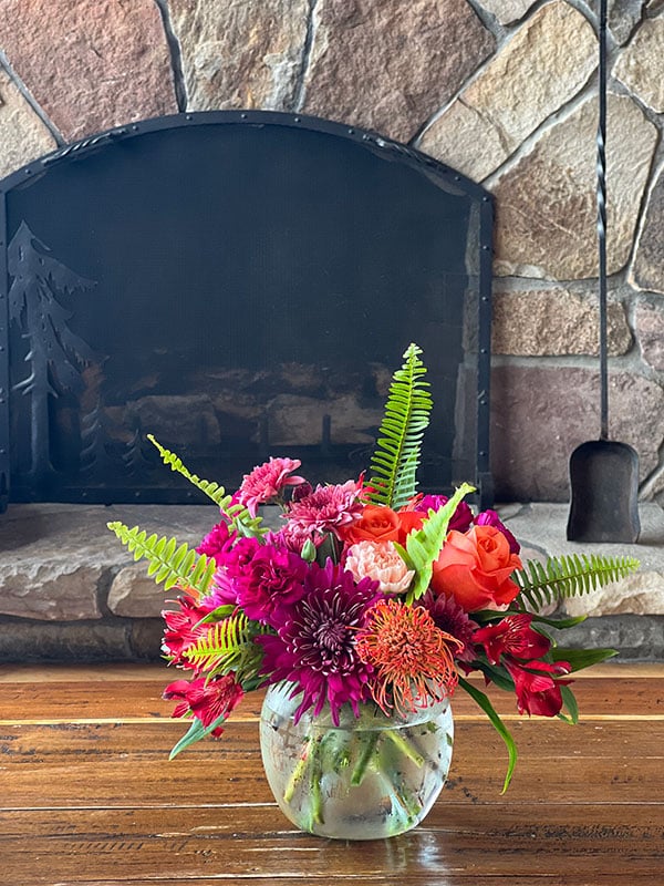 Vibrant Jewel Tone Orange Deep Purple Hotel Lobby Vase Arrangement Centerpiece